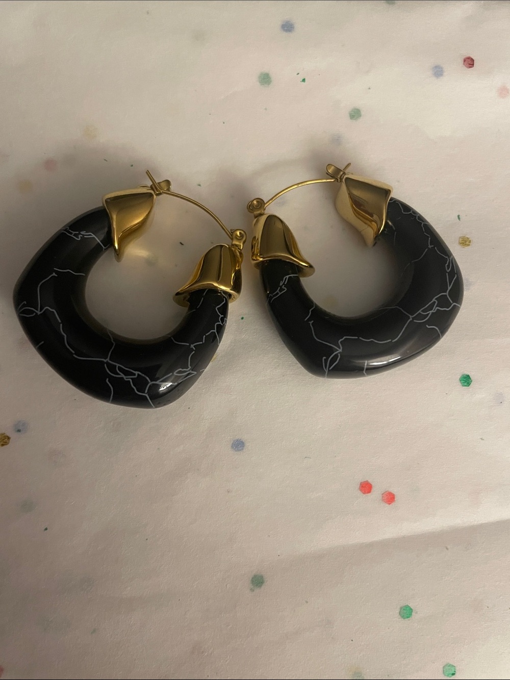 Black Marble Hoop Earrings with Gold Accents - Women's Fashion Jewelry